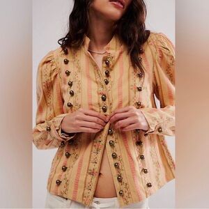 Free People Peachy Pink Striped Floral Button-Up Blazer